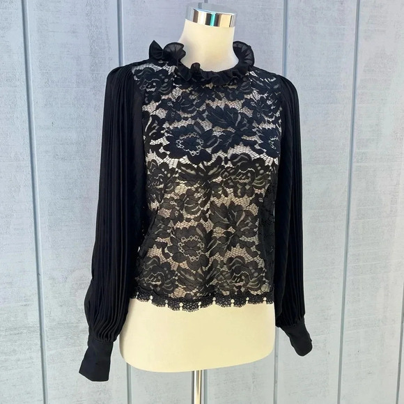 Story On Pleated Sleeve Lace Blouse Top Sheer Black See-Through - Picture 2 of 11